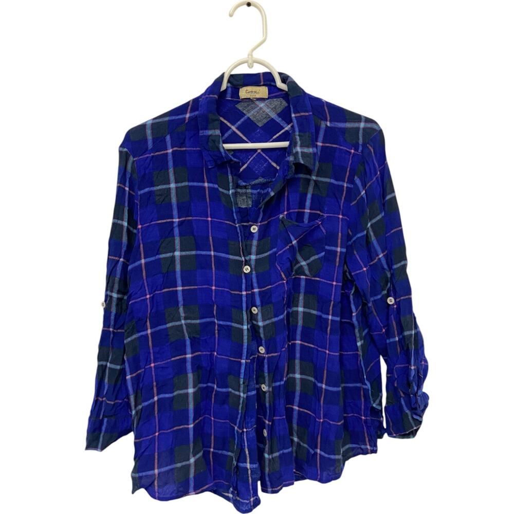 Toomi Button Up Shirt Womens XXXL Blue Plaid Regular Fit Pocket Long Sleeve